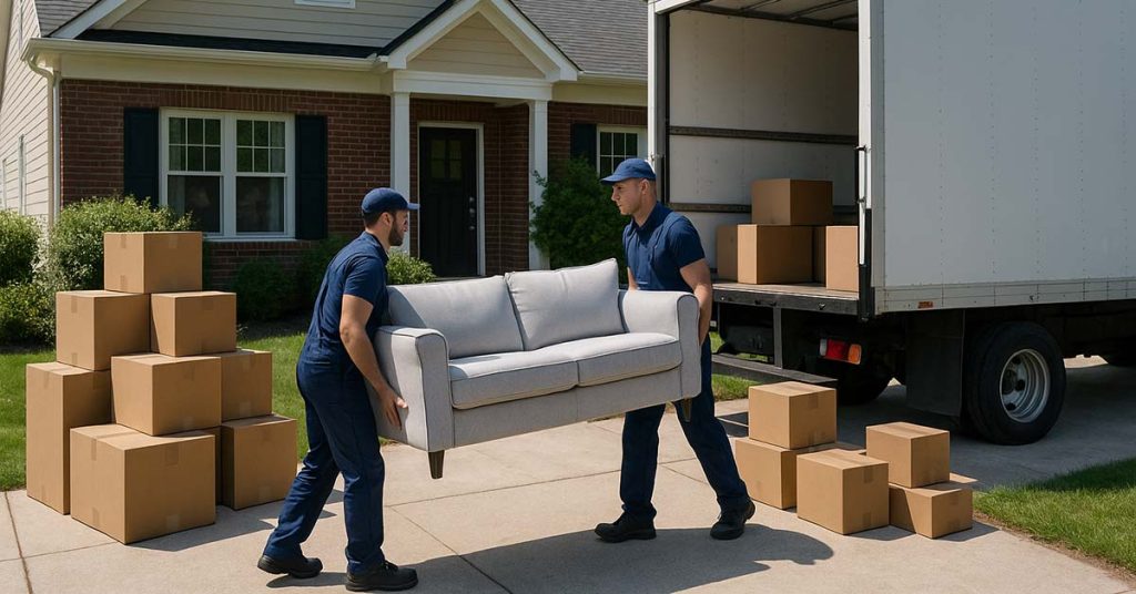 Möbelpacker tragen ein Sofa und Kartons aus dem Einfamilienhaus zum Umzugswagen, weil der Eigentümer berufsbedingt umzieht und das Haus verkauft | Immobilienverkauf