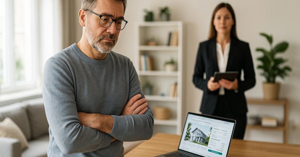 Ein Mann und eine Maklerin. Der mann versucht eine Entscheidung zu finden