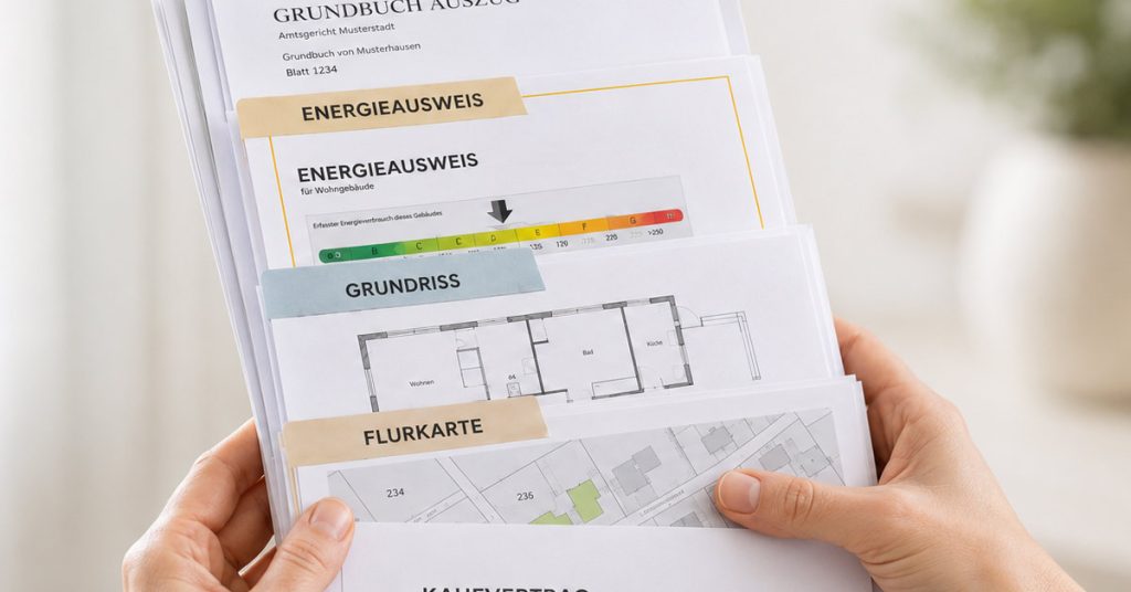 Hände halten sortierte Immobilienunterlagen wie Energieausweis, Grundriss, Flurkarte und Grundbuchauszug für den Immobilienverkauf. I Dokumente Immobilienverkauf