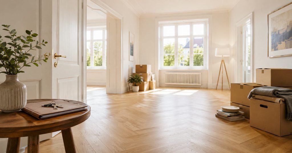 Helle leergeräumte Wohnung nach einer Haushaltsauflösung im Zuge einer Erbschaft mit Umzugskartons und persönlichen Gegenständen zur Vorbereitung auf den Immobilienverkauf. I Haushaltsauflösung nach Erbschaft
