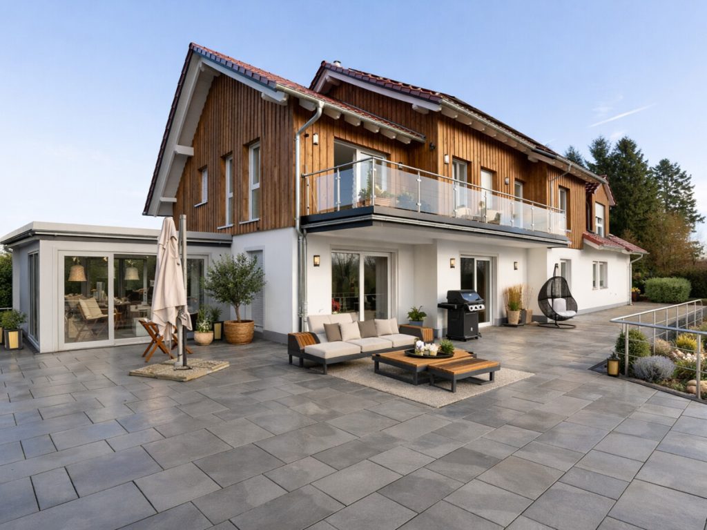 Hausansicht mit Terrasse visualisiert mit Terrasse